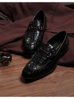 Monte Carlo - Mens Slip On Black Solid Leather Croco Print Penny Loafers