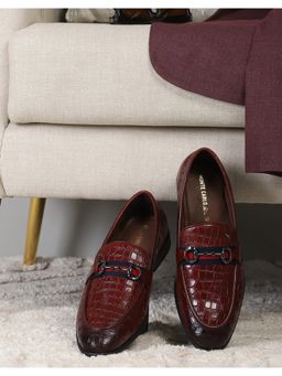 Monte Carlo - Mens Slip On Wine Solid Leather Croco Print Penny Loafers
