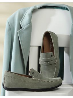 Monte Carlo - Mens Slip On Green Solid Leather Loafers