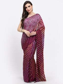 KISHORI - Women Lehariya Silk Saree & Blouse Wine & Multi with Unstitched
