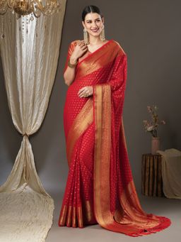 Akhilam - Womens Georgette Red Woven Designer Saree with Unstitched Blouse
