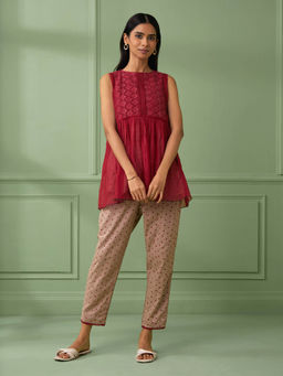 The Neem Tree - Maroon Lace Top with Slip & Pant (Set of 3)