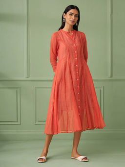 The Neem Tree - Coral Solid Jacket Midi Dress with Slip (Set of 2)