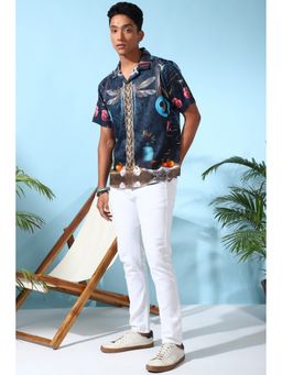 Loudless - Metallic Cuban Collar Graphic Printed Half Shirt