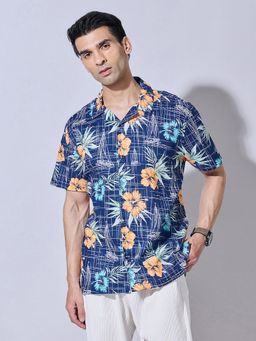 SHOWOFFFF - Floral Print Blue Cuban Collar Shirt