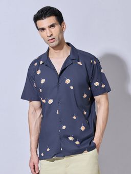 SHOWOFFFF - Floral Print Navy Blue Cuban Collar Shirt