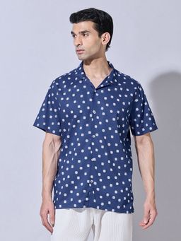SHOWOFFFF - Geometric Printed Blue Cuban Collar Shirt