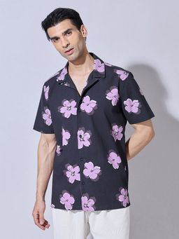 SHOWOFFFF - Floral Print Black Cuban Collar Shirt