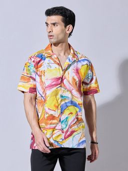 SHOWOFFFF - Abstract Print Yellow Cuban Collar Shirt