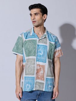 SHOWOFFFF - Stamp Print Blue Cuban Collar Shirt