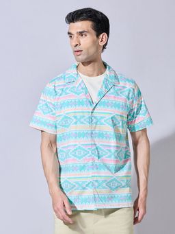 SHOWOFFFF - Geometric Printed Blue Cuban Collar Shirt