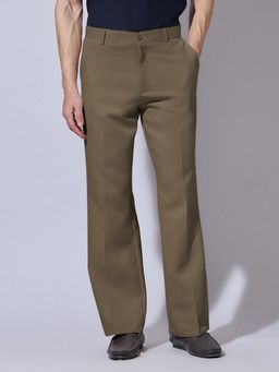 SHOWOFFFF - Khaki Viscose Rayon Solid Straight Trouser