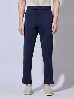 SHOWOFFFF - Navy Blue Viscose Rayon Solid Slim Trouser