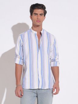 SHOWOFFFF - Striped Mandarin Collar Blue Casual Shirt