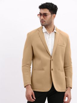 SHOWOFF - Beige Cotton Solid Slim Fit Blazer