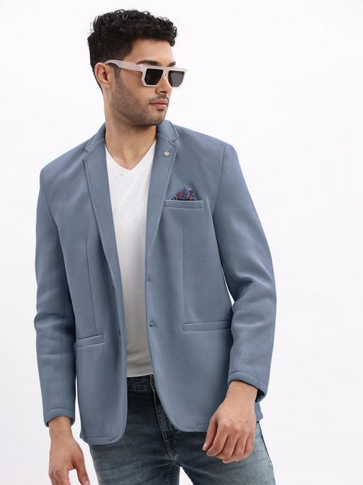 SHOWOFFFF Blue Cotton Solid Slim Fit Blazer