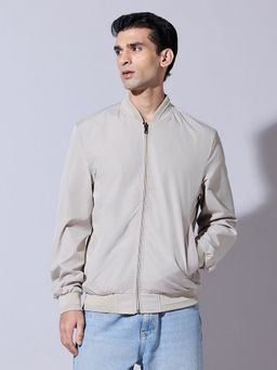 SHOWOFFFF - Cream Zip-Up Ribbed Hem Jacket