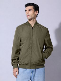 SHOWOFFFF - Olive Zip-Up Ribbed Hem Jacket