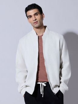 SHOWOFF - Textured White Zip-Up Bomber Jacket