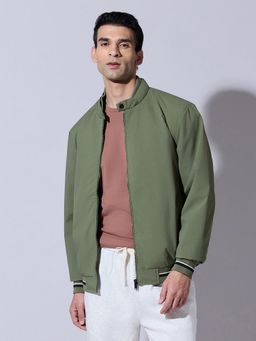 SHOWOFFFF - Green Zip-Up Bomber Ribbed Hem Jacket