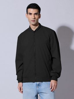 SHOWOFFFF - Black Zip-Up Bomber Ribbed Hem Jacket