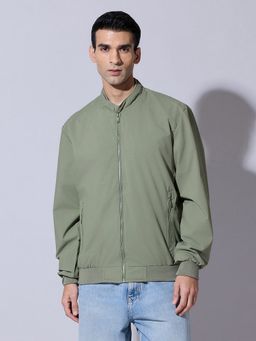 SHOWOFFFF - Green Zip-Up Bomber Ribbed Hem Jacket