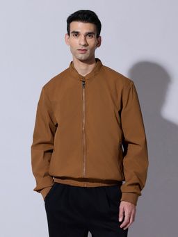 SHOWOFF - Brown Zip-Up Bomber Ribbed Hem Jacket