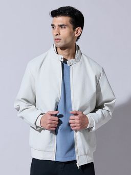SHOWOFFFF - Textured Cream Zip-Up Bomber Jacket