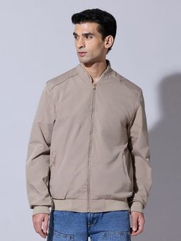 SHOWOFFFF - Beige Zip-Up Bomber Jacket