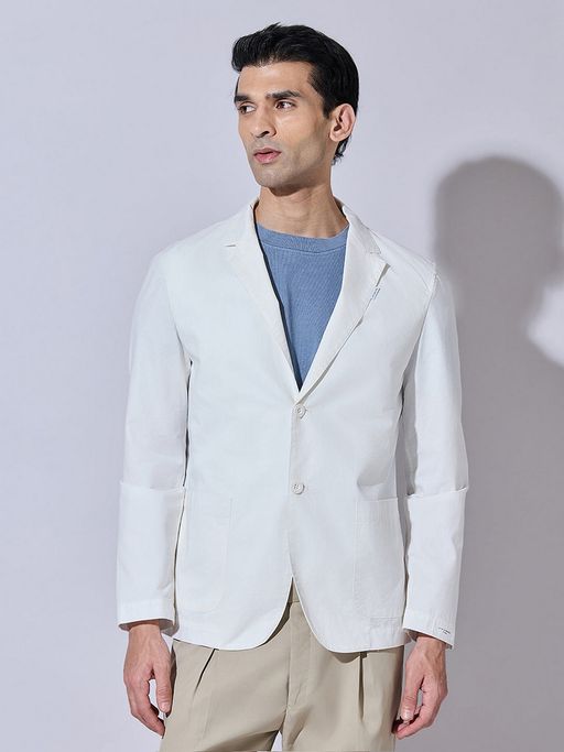 SHOWOFFFF Off White Cotton Blend Solid Tailored Fit Blazer