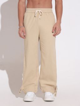 SHOWOFFFF - Beige Cotton Solid Straight Trouser