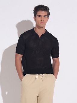 SHOWOFF - Black Sheer Short Sleeves Polo T-Shirt