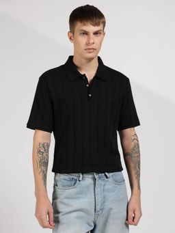Calvin Klein - Black Self Design Regular Fit Cotton Polo T-Shirt