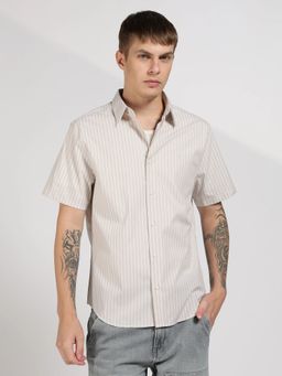 Calvin Klein - Beige Striped Regular Fit Cotton Shirt