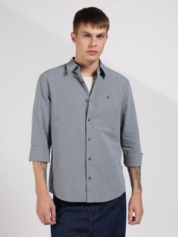 Calvin Klein - Grey Striped Relaxed Fit Seersucker Woven Shirt