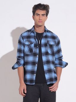 SHOWOFF - Plaid Check Blue Chest Pockets Shacket