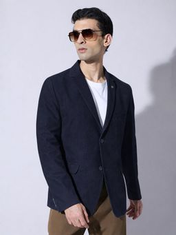 SHOWOFF - Navy Blue Corduroy Solid Slim Fit Blazer