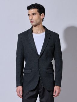 SHOWOFF - Black Cotton Blend Checks Tailored Fit Blazer