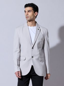 SHOWOFF - Grey Cotton Blend Solid Tailored Fit Blazer
