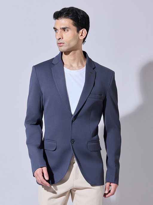 SHOWOFFFF Navy Blue Cotton Blend Solid Slim Fit Blazer