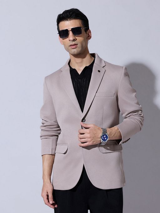 SHOWOFFFF Beige Cotton Blend Solid Tailored Fit Blazer