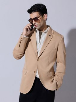 SHOWOFF - Brown Cotton Blend Solid Tailored Fit Blazer