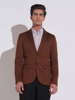 SHOWOFF - Brown Cotton Blend Solid Tailored Fit Blazer