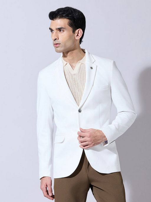 SHOWOFFFF White Cotton Blend Solid Tailored Fit Blazer