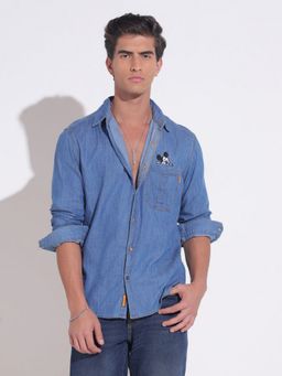 SHOWOFFFF - Embroidered Detail Blue Denim Shirt