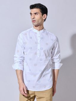 SHOWOFFFF - Geometric Printed White Mandarin Collar Shirt