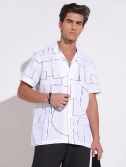 SHOWOFF - Abstract Print White Relaxed Half Sleeve Shirt