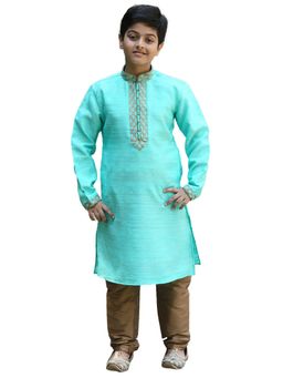 Manyavar - Boys Green Silk Traditional Kurta Pajama (set Of 2)
