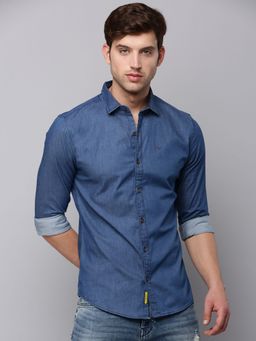 SHOWOFFFF - Mens Spread Collar Navy Blue Solid Shirt