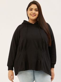 theRebelinme - Plus Size Womens Black Solid Color Front Pleated Knitted Sweatshirt